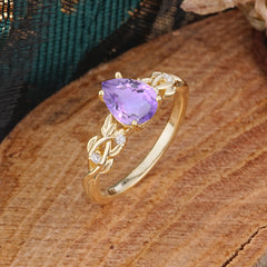 Pear Shape Leaf Amethyst Engagement Ring – Nature Inspired Vine Wedding Ring for Women