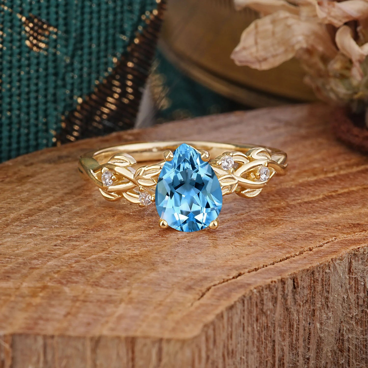 Pear Shape Leaf Aquamarine Engagement Ring – Nature Inspired Vine Engagement Ring for Women