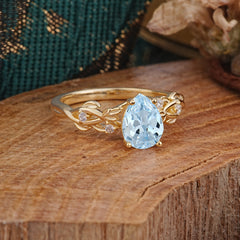 Pear Shape Leaf Aquamarine Engagement Ring – Nature Inspired Vine Wedding Ring for Women