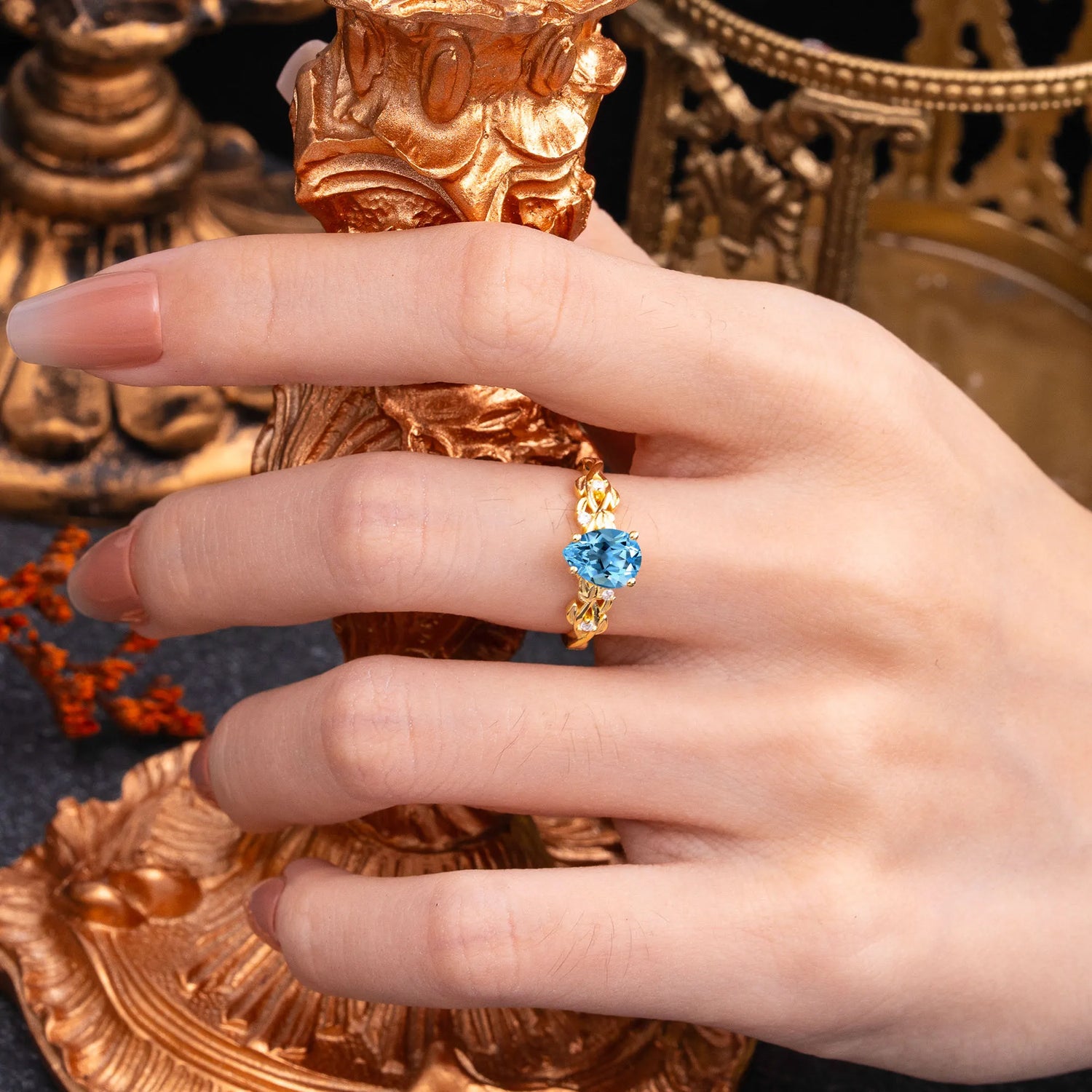 Pear Shape Leaf Aquamarine Engagement Ring – Nature Inspired Vine Engagement Ring for Women