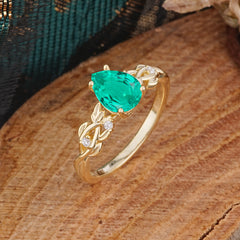 Pear Shape Leaf Emerald Engagement Ring – Nature Inspired Vine Wedding Ring for Women