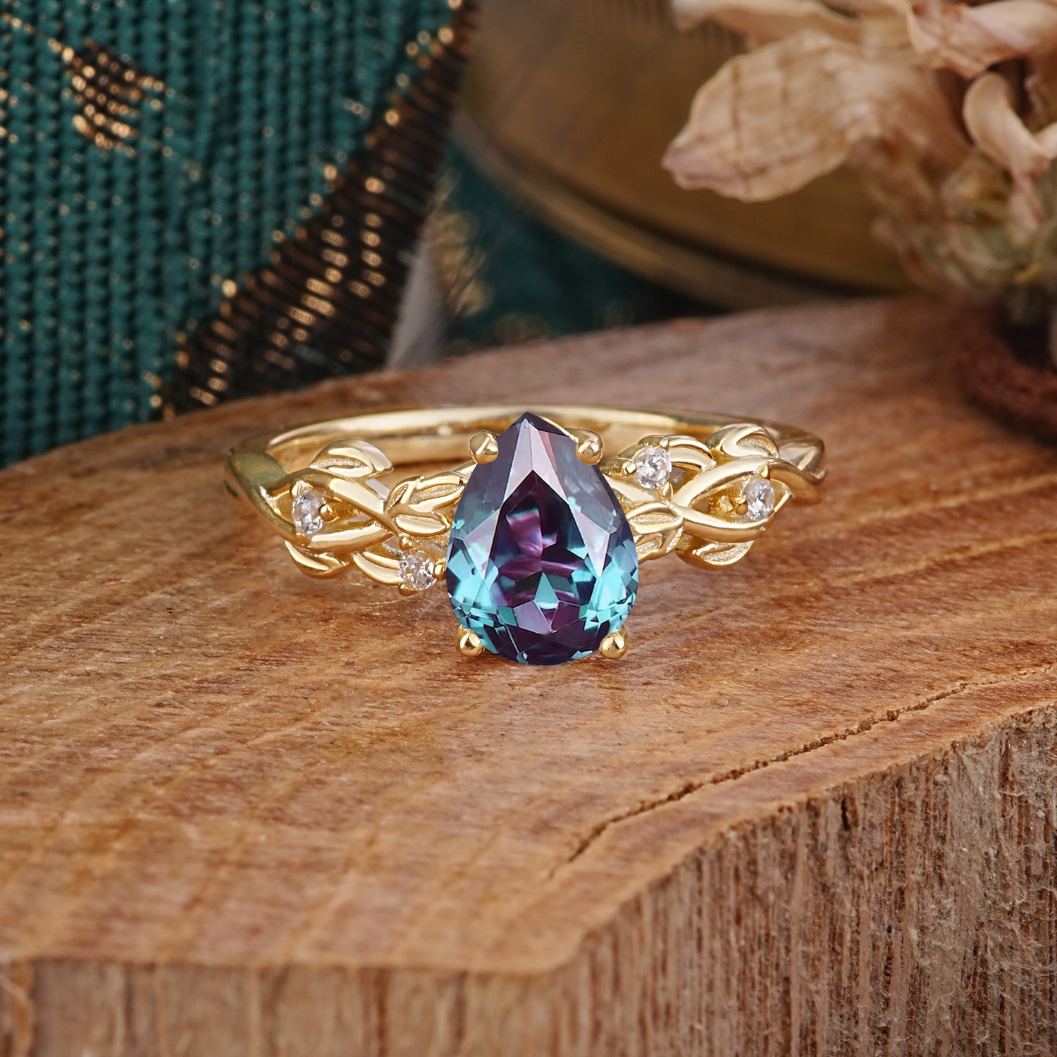 Pear Shape Leaf Alexandrite Engagement Ring – Nature Inspired Vine Engagement Ring for Women