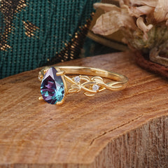 Pear Shape Leaf Alexandrite Engagement Ring – Nature Inspired Vine Wedding Ring for Women