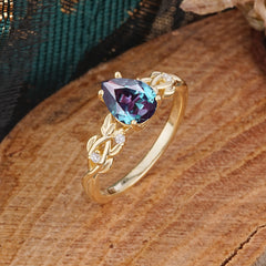 Pear Shape Leaf Alexandrite Engagement Ring – Nature Inspired Vine Wedding Ring for Women