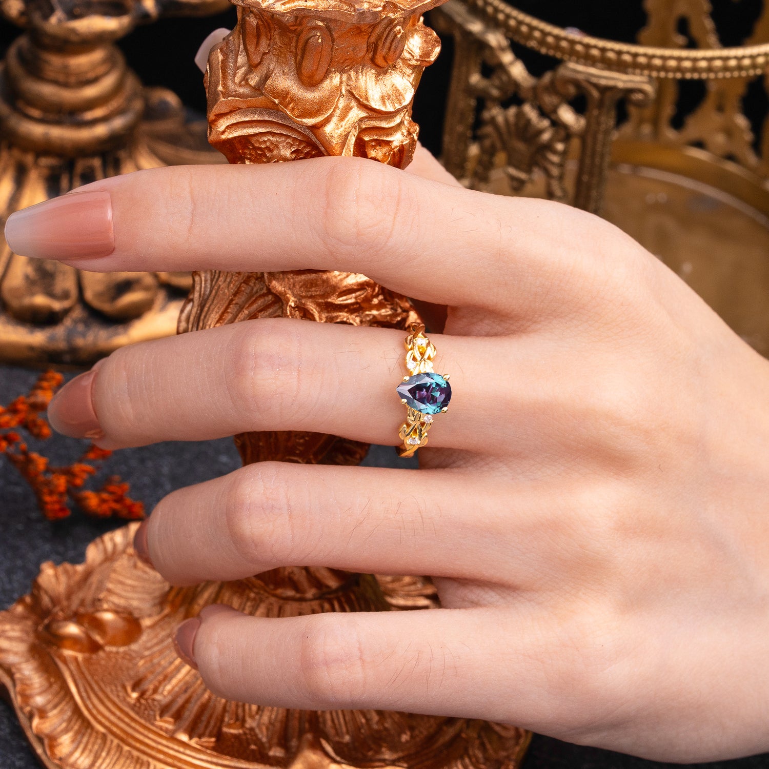 Pear Shape Leaf Alexandrite Engagement Ring – Nature Inspired Vine Engagement Ring for Women