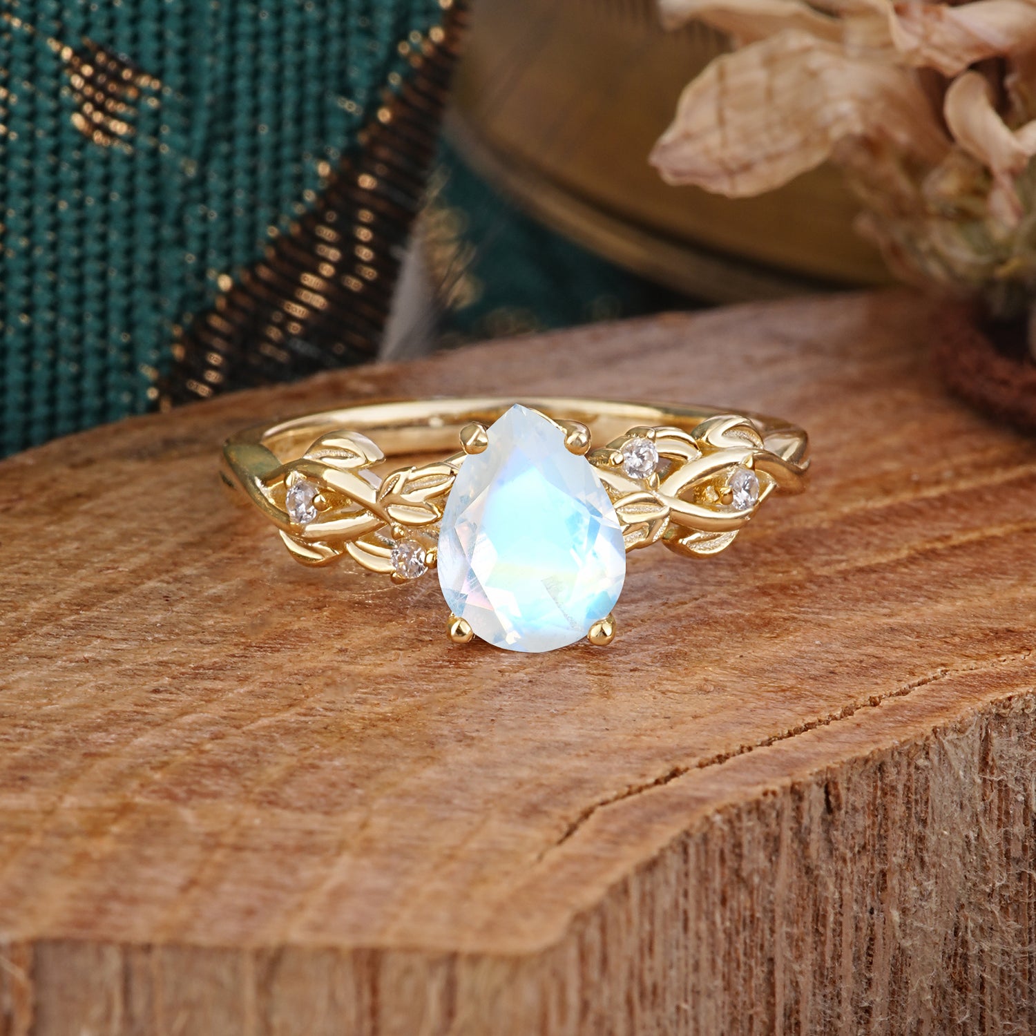 Pear Shape Leaf Moonstone Engagement Ring – Nature Inspired Vine Engagement Ring for Women