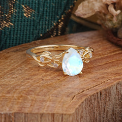 Pear Shape Leaf Moonstone Engagement Ring – Nature Inspired Vine Wedding Ring for Women