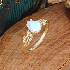 Pear Shape Leaf Moonstone Engagement Ring – Nature Inspired Vine Wedding Ring for Women