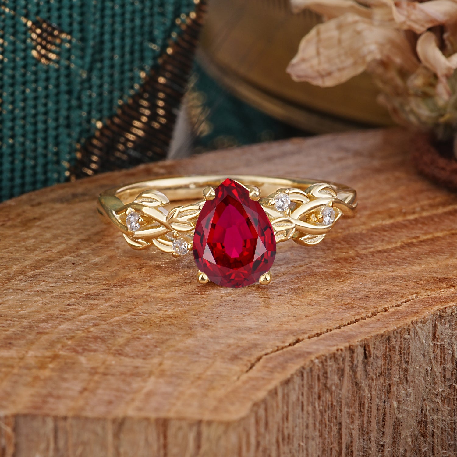 Pear Shape Leaf Ruby Engagement Ring – Nature Inspired Vine Engagement Ring for Women