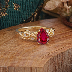 Pear Shape Leaf Ruby Engagement Ring – Nature Inspired Vine Wedding Ring for Women
