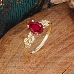 Pear Shape Leaf Ruby Engagement Ring – Nature Inspired Vine Wedding Ring for Women