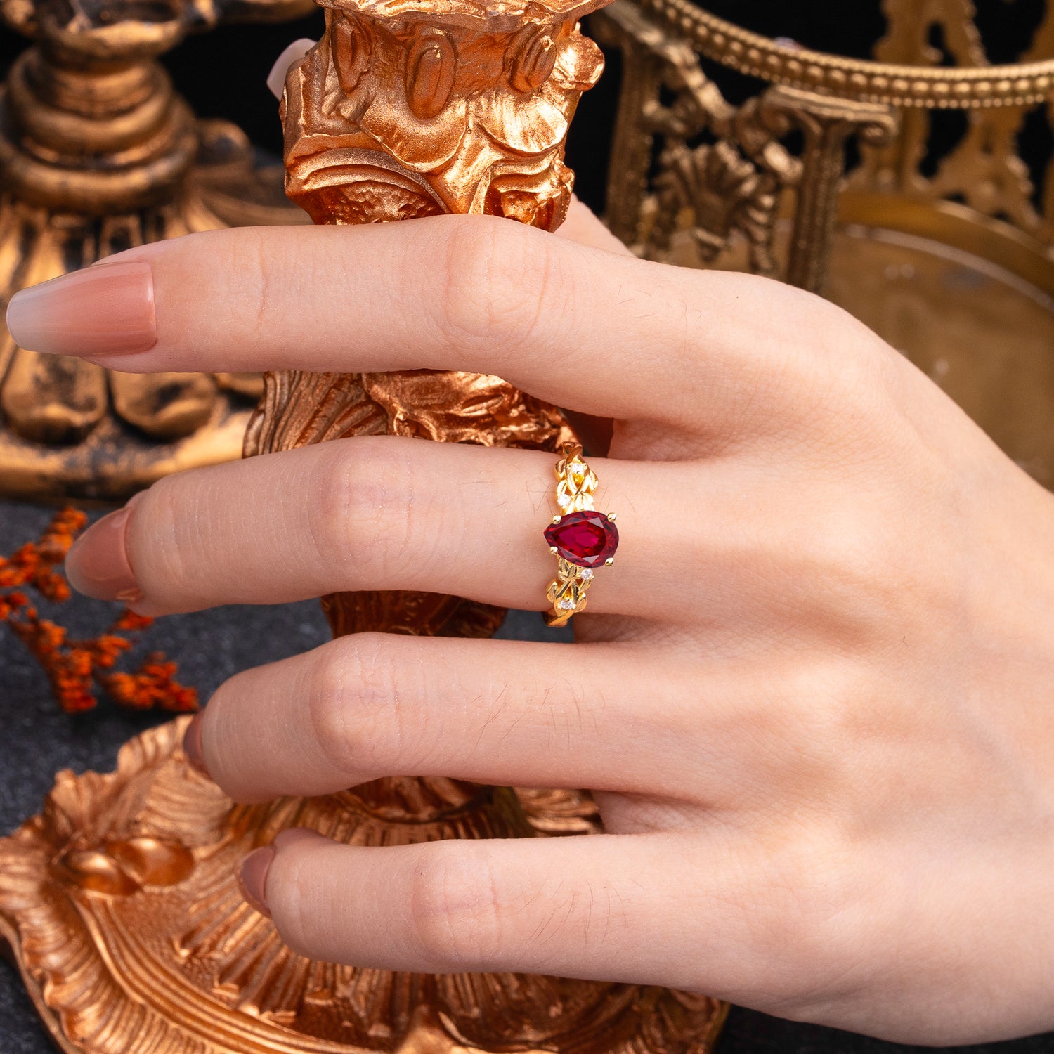 Pear Shape Leaf Ruby Engagement Ring – Nature Inspired Vine Engagement Ring for Women
