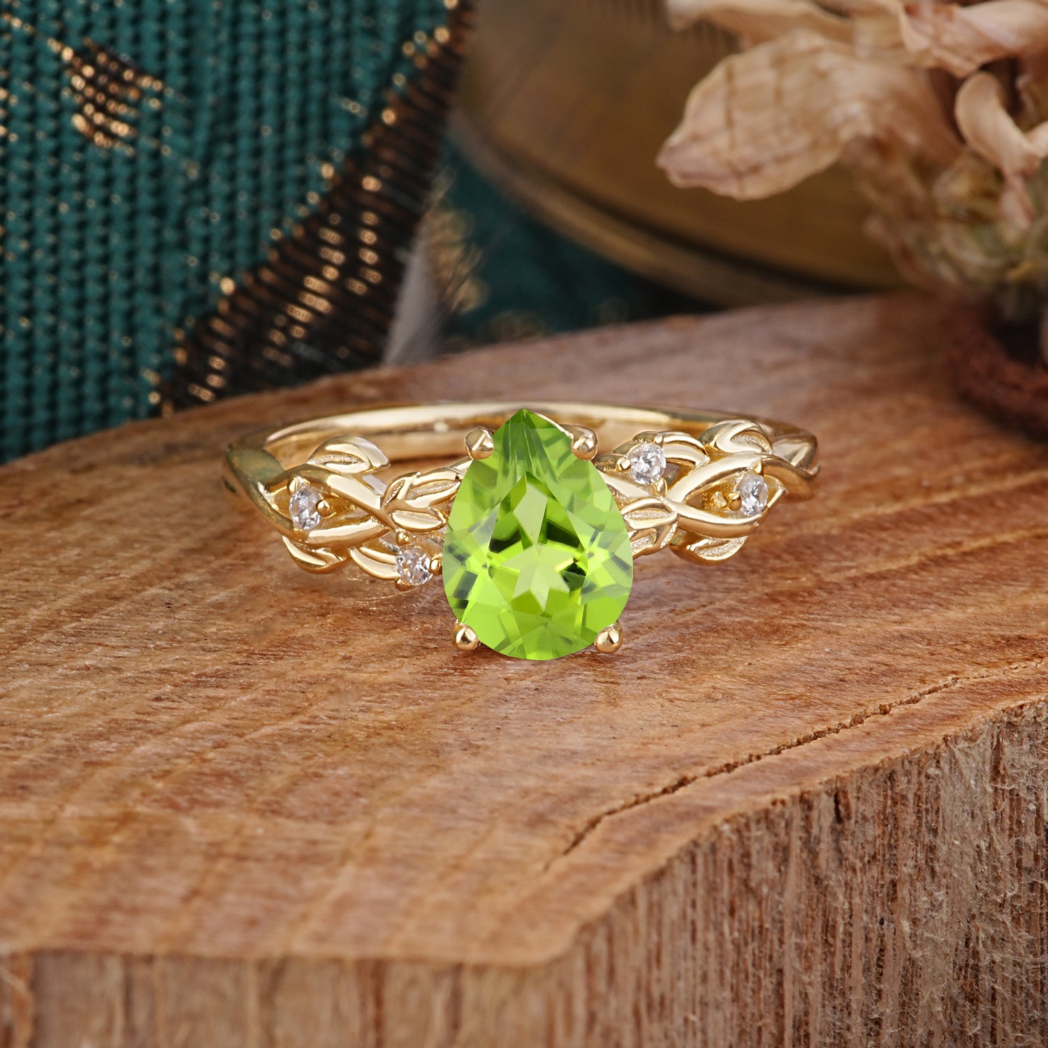 Pear Shape Leaf Peridot Engagement Ring – Nature Inspired Vine Engagement Ring for Women