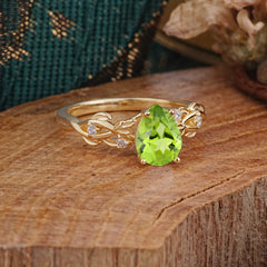 Pear Shape Leaf Peridot Engagement Ring – Nature Inspired Vine Wedding Ring for Women