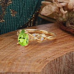 Pear Shape Leaf Peridot Engagement Ring – Nature Inspired Vine Wedding Ring for Women