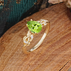 Pear Shape Leaf Peridot Engagement Ring – Nature Inspired Vine Wedding Ring for Women