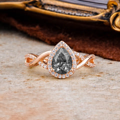 Dazzling 3 - Prong Pear-Cut Black Rutilated Quartz Engagement Ring