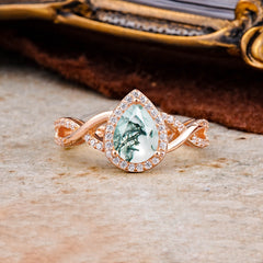 Dazzling 3 - Prong Pear-Cut Natural Moss Agate Engagement Ring