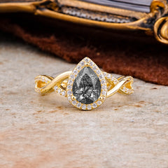 Dazzling 3 - Prong Pear-Cut Black Rutilated Quartz Engagement Ring