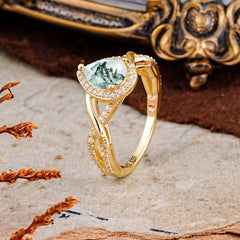 Dazzling 3 - Prong Pear-Cut Natural Moss Agate Engagement Ring