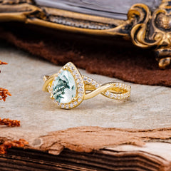Dazzling 3 - Prong Pear-Cut Natural Moss Agate Engagement Ring
