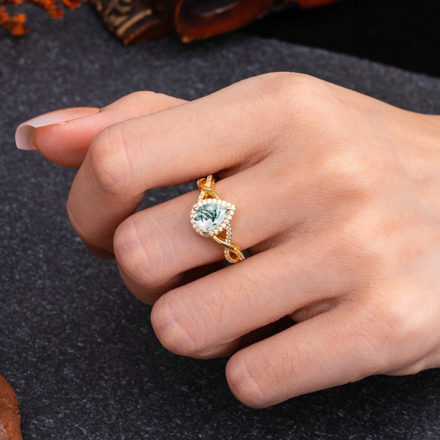 Dazzling 3 - Prong Pear-Cut Natural Moss Agate Engagement Ring