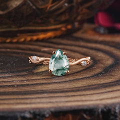 Nature-Inspired Classic 4-Prong Pear-Cut Natural Moss Agate Engagement Ring