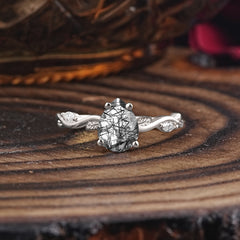 Nature-Inspired Classic 4-Prong Pear-Cut Black Rutilated Quartz Engagement Ring