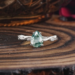 Nature-Inspired Classic 4-Prong Pear-Cut Natural Moss Agate Engagement Ring