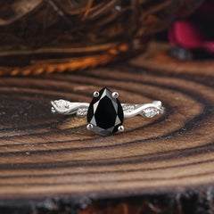 Nature-Inspired Classic 4-Prong Pear-Cut Black Onyx Engagement Ring