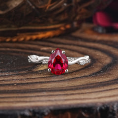 Nature-Inspired Classic 4-Prong Pear-Cut Ruby Engagement Ring