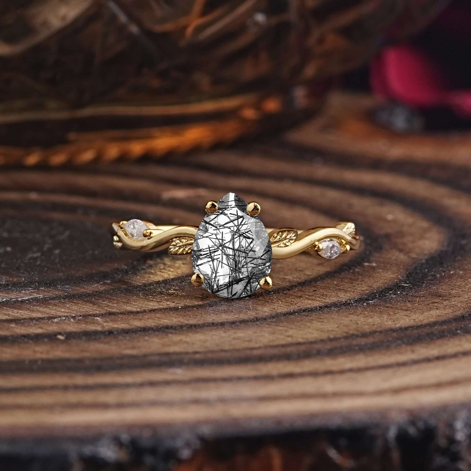 Nature-Inspired Classic 4-Prong Pear-Cut Black Rutilated Quartz Engagement Ring