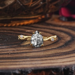 Nature-Inspired Classic 4-Prong Pear-Cut Black Rutilated Quartz Engagement Ring