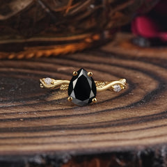 Nature-Inspired Classic 4-Prong Pear-Cut Black Onyx Engagement Ring
