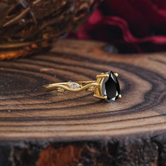 Nature-Inspired Classic 4-Prong Pear-Cut Black Onyx Engagement Ring
