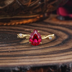 Nature-Inspired Classic 4-Prong Pear-Cut Ruby Engagement Ring
