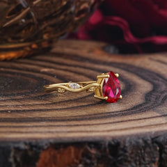 Nature-Inspired Classic 4-Prong Pear-Cut Ruby Engagement Ring