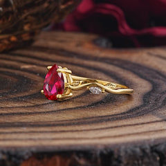 Nature-Inspired Classic 4-Prong Pear-Cut Ruby Engagement Ring