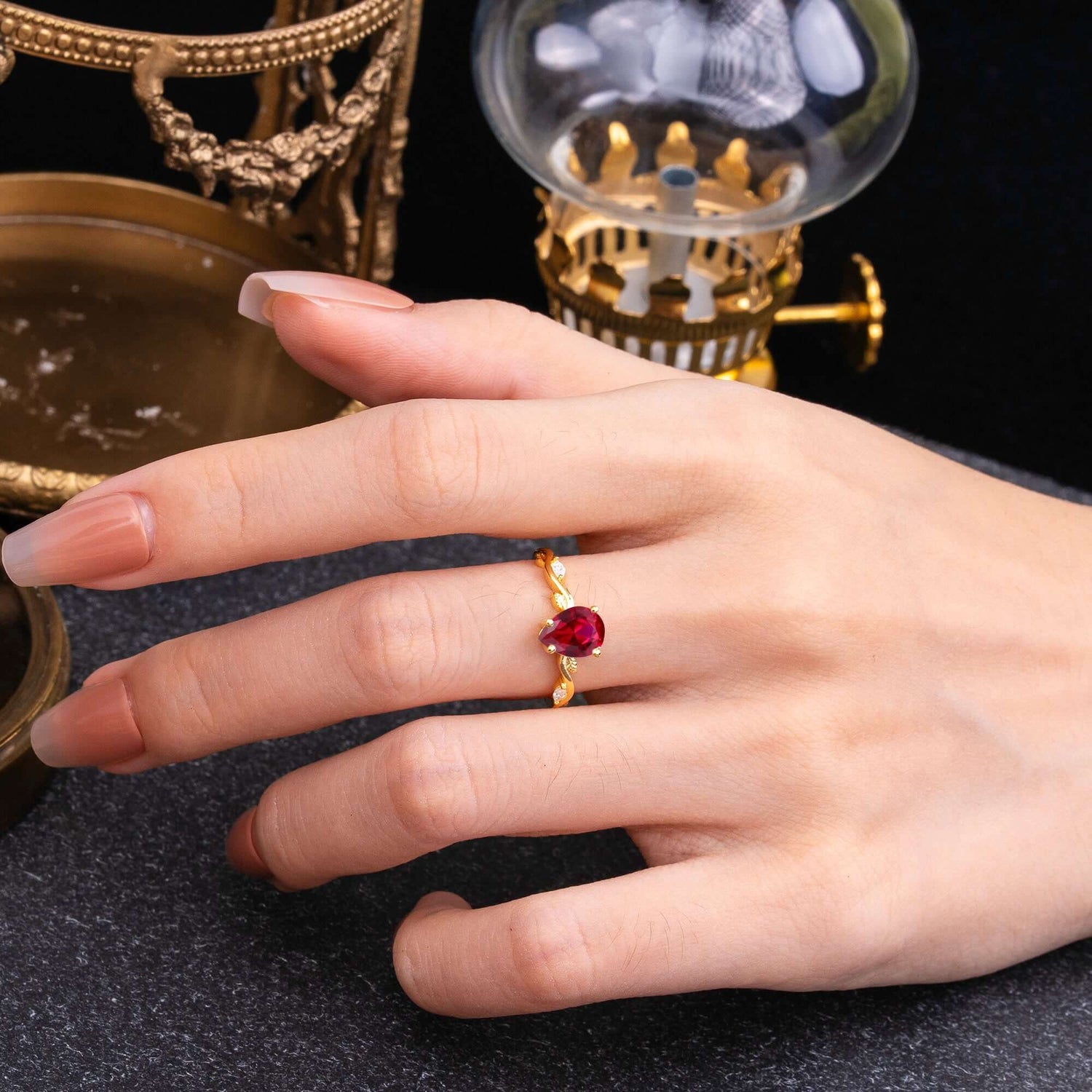 Nature-Inspired Classic 4-Prong Pear-Cut Ruby Engagement Ring