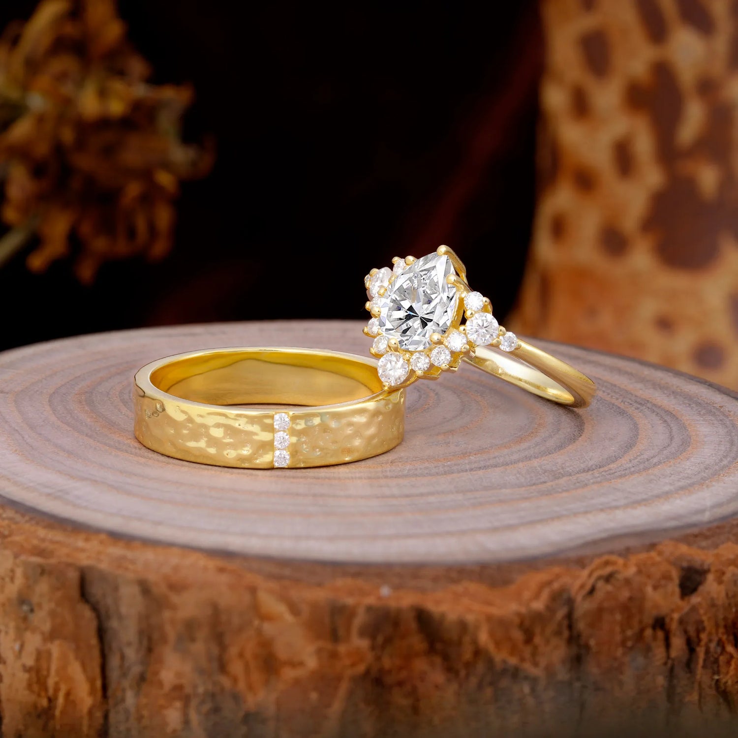 Luxurious 5-Prong Pear-Cut Lab Diamond Engagement Couple Rings