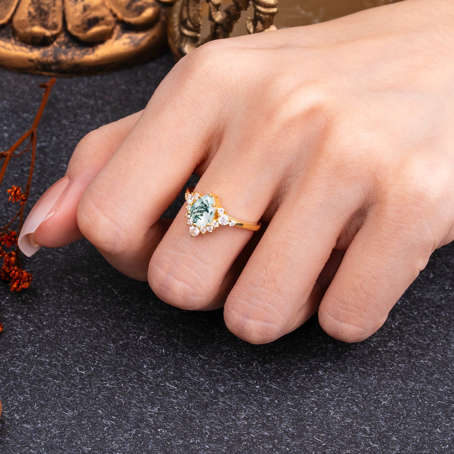 Classic Luxe 6-Prong Pear-Cut Natural Moss Agate Engagement Ring