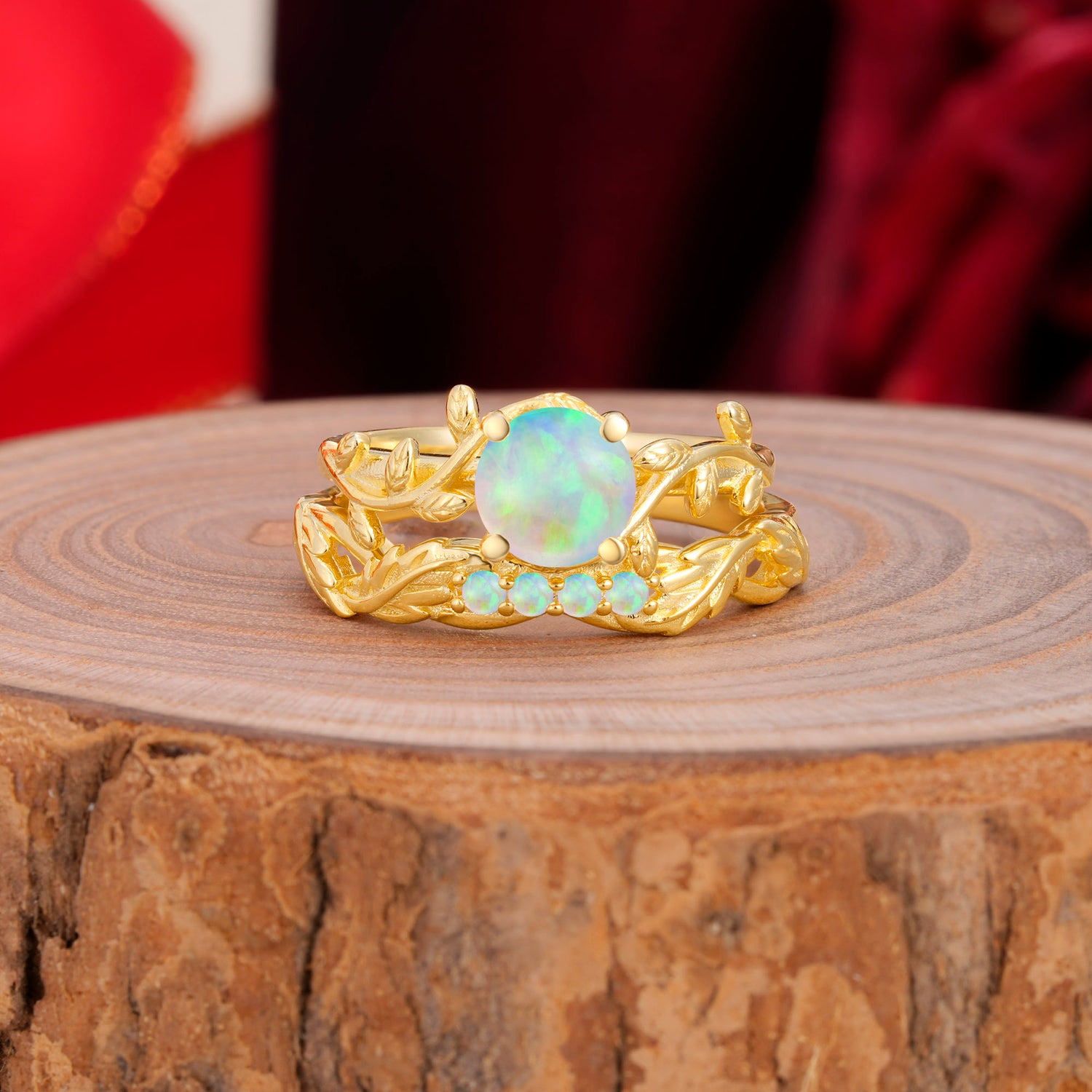 Nature-Inspired Leaf & Floral Round Cut Opal Couple Rings Set