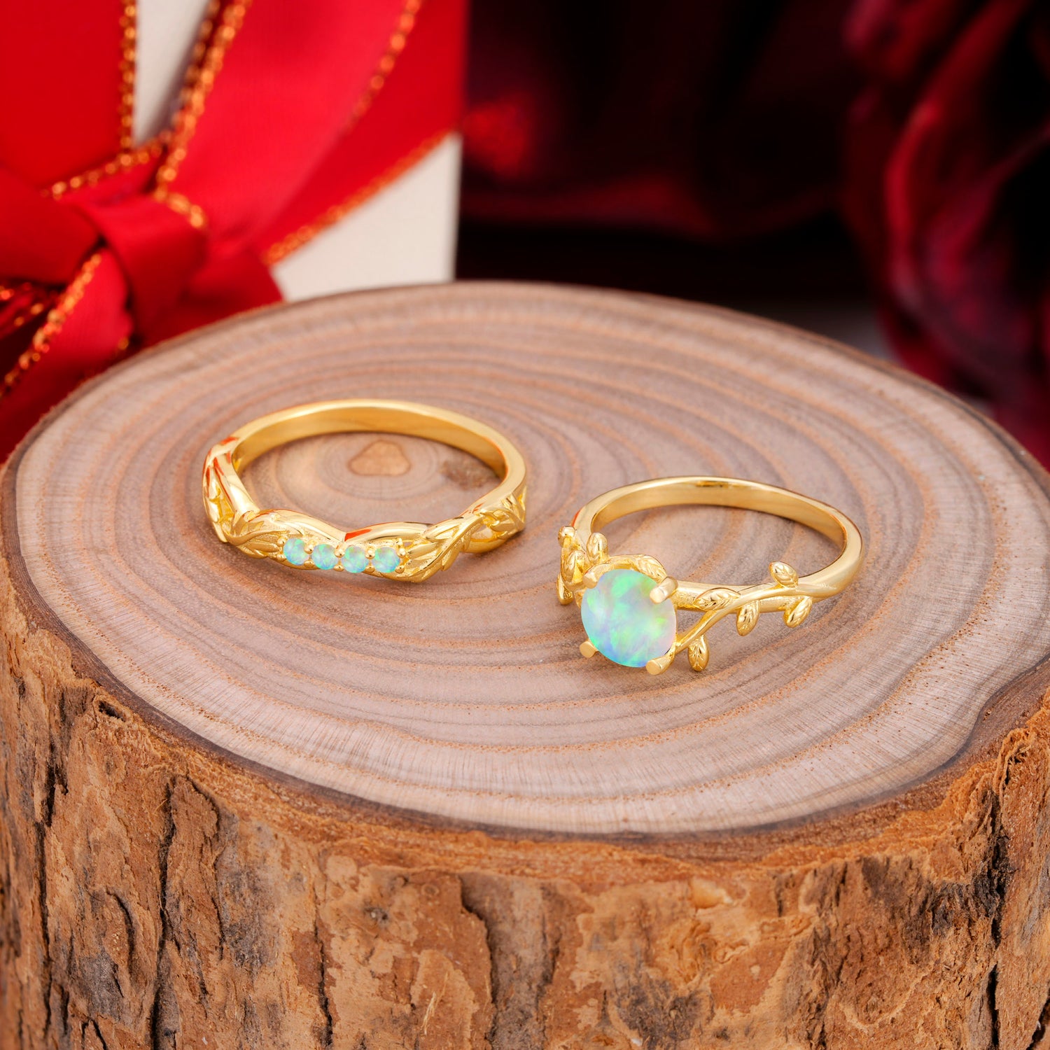 Nature-Inspired Leaf & Floral Round Cut Opal Couple Rings Set