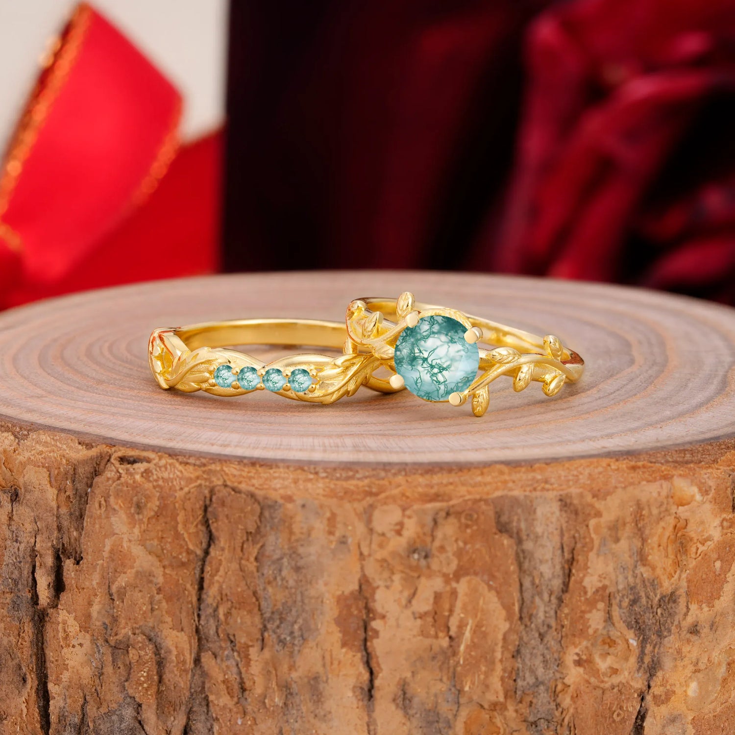 Nature-Inspired Leaf & Floral Round Cut Moss Agate Couple Rings Set