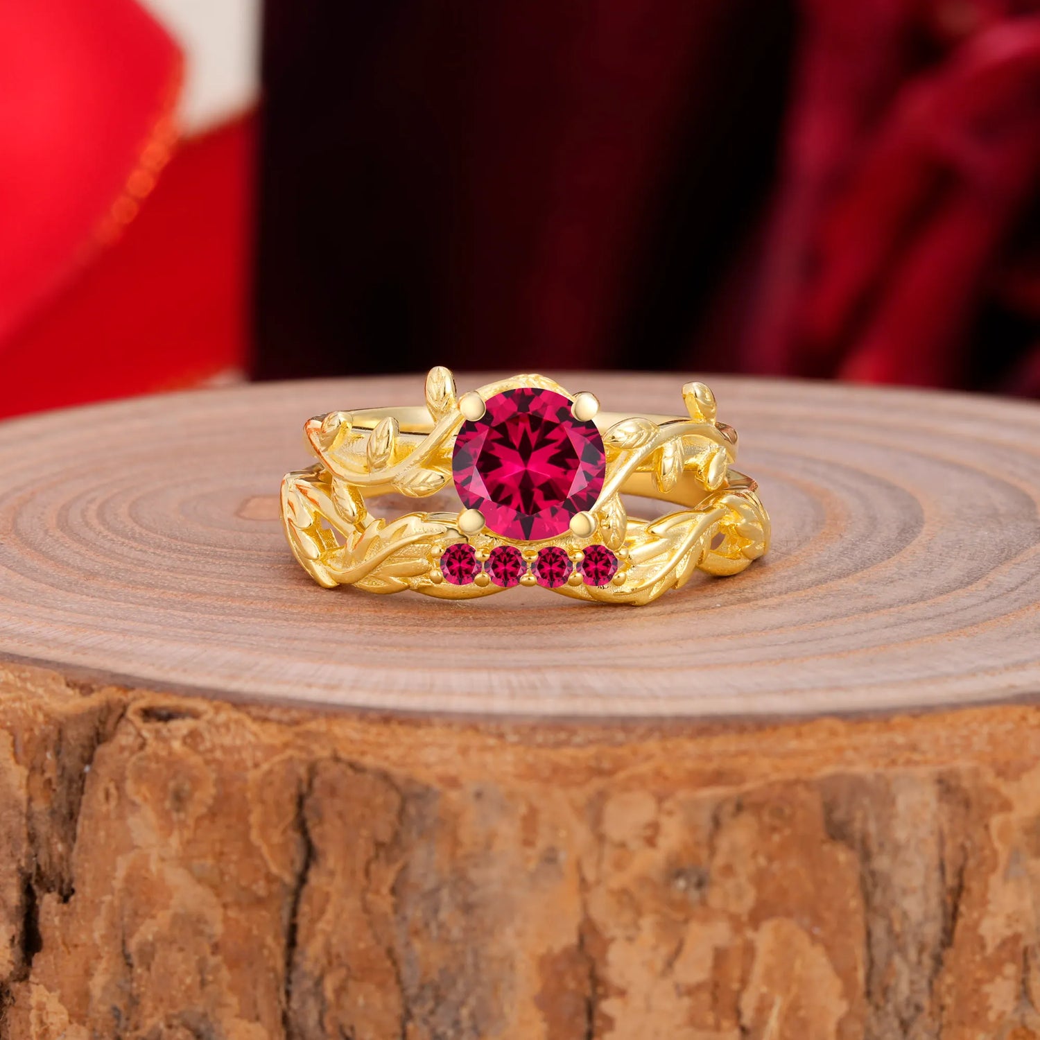 Nature-Inspired Leaf & Floral Round Cut Ruby Couple Rings Set