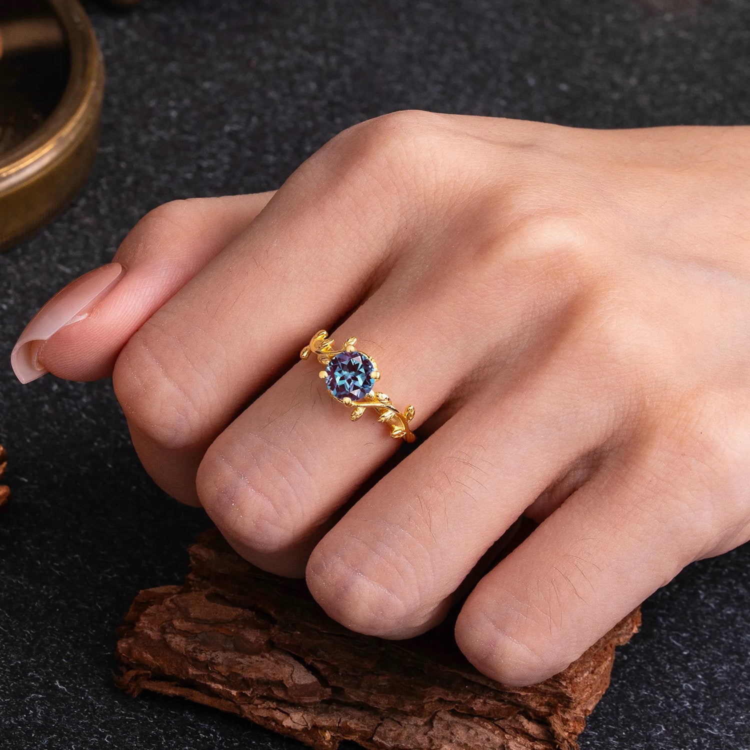 Nature-Inspired Classic 4-Prong Round Alexandrite Engagement Ring