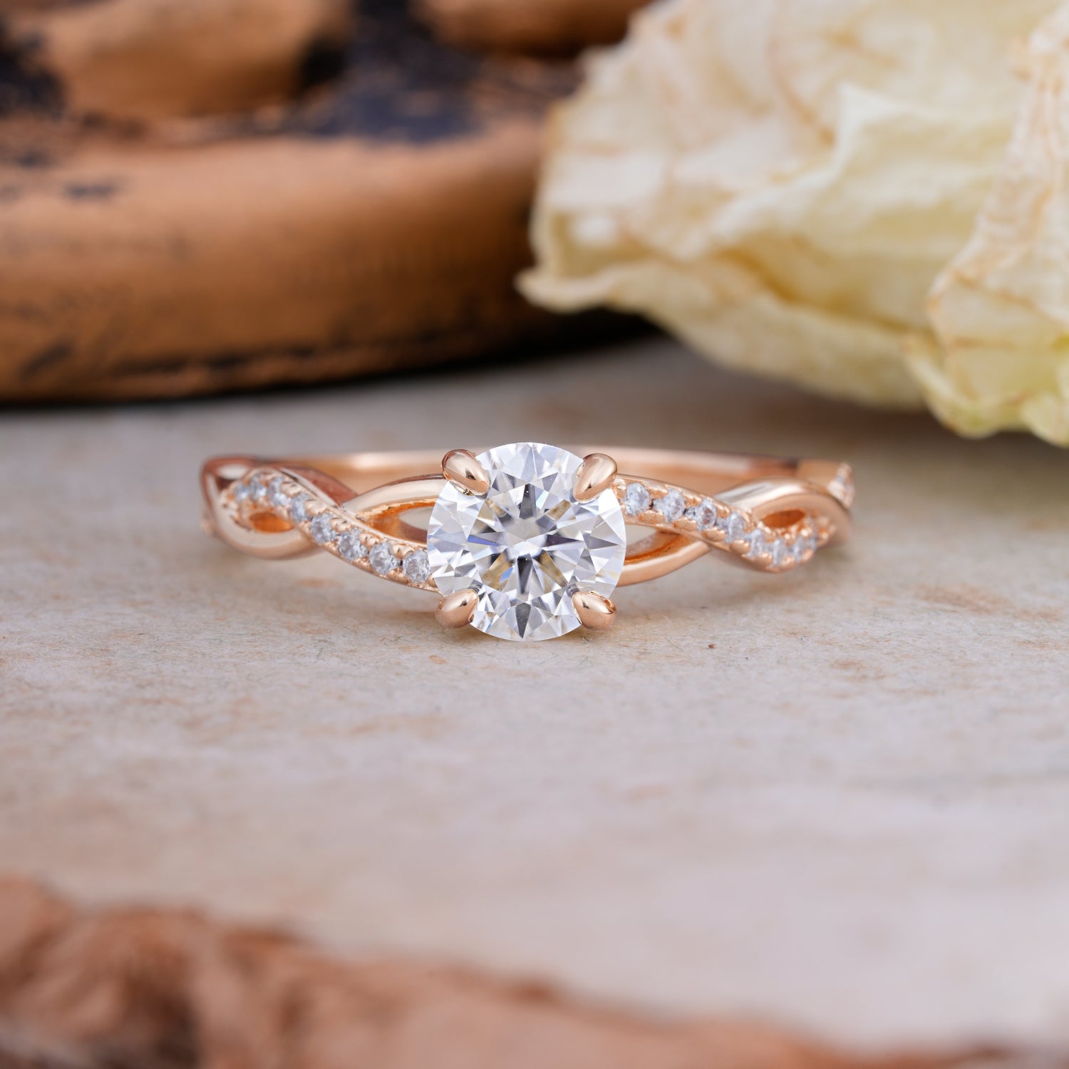Twisted Vine Rose Gold Moissanite Engagement Ring with Round Cut