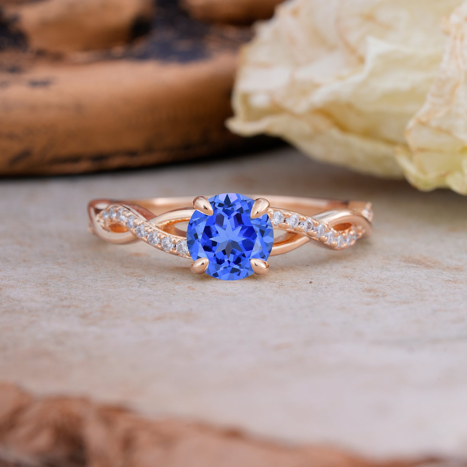 Twisted Vine Rose Gold Sapphire Engagement Ring with Round Cut