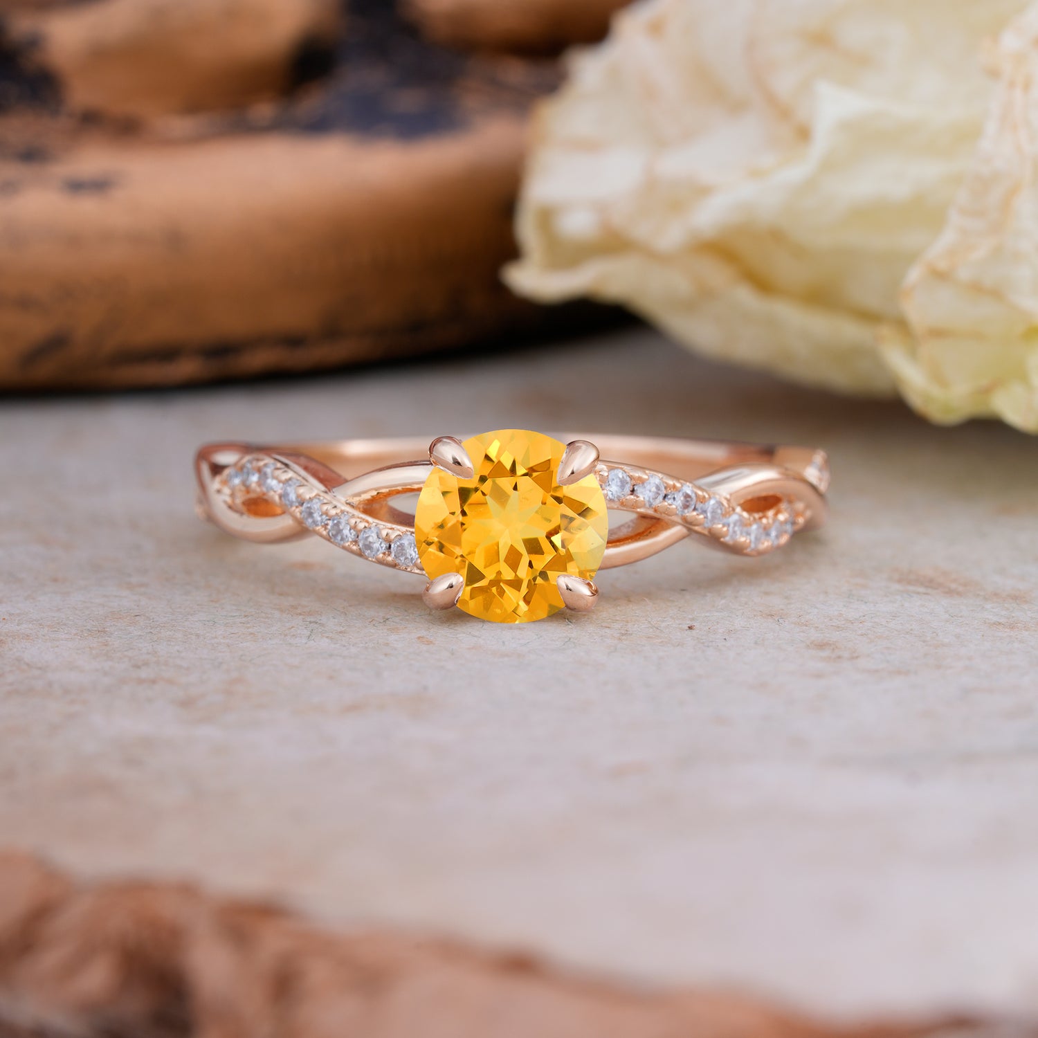 Twisted Vine Rose Gold Citrine Engagement Ring with Round Cut