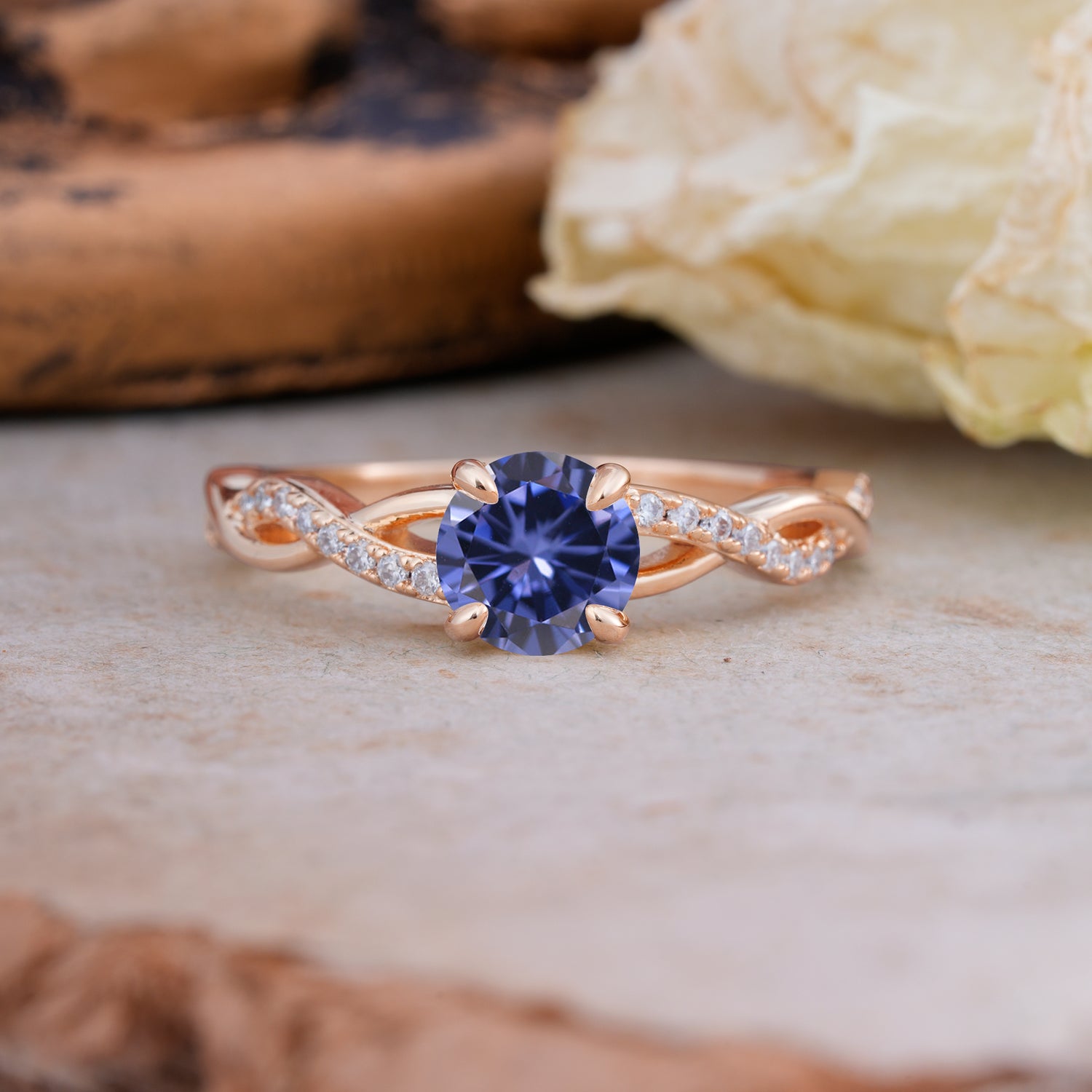 Twisted Vine Rose Gold Tanzanite Engagement Ring with Round Cut